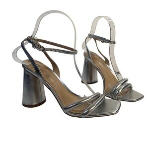 Sam Edelman Kia Block Heel Sandals Womens 6.5 Silver Metallic Leather Square Toe